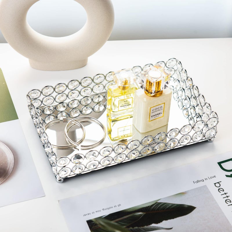 Feyarl Crystal Perfume Tray Cosmetic Makeup Vanity Tray Jewelry Trinket Rings Earrings Organizer Decorative Tray Storage for Home Deco Wedding Dresser Tabletop Girl Women Gift(10" x 6 "Silver) - Image 3